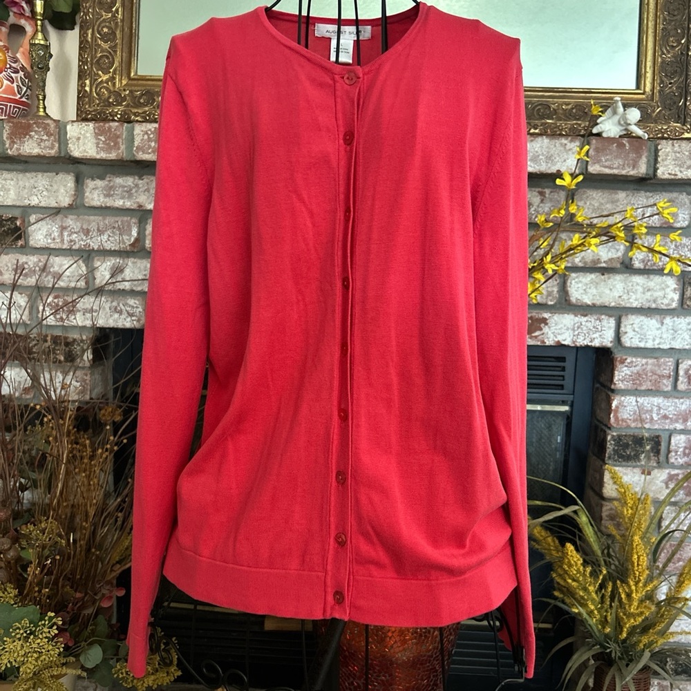 August Silk Women’s Coral Pink Button Up Long Sleeve Cardigan Sweater Sz L